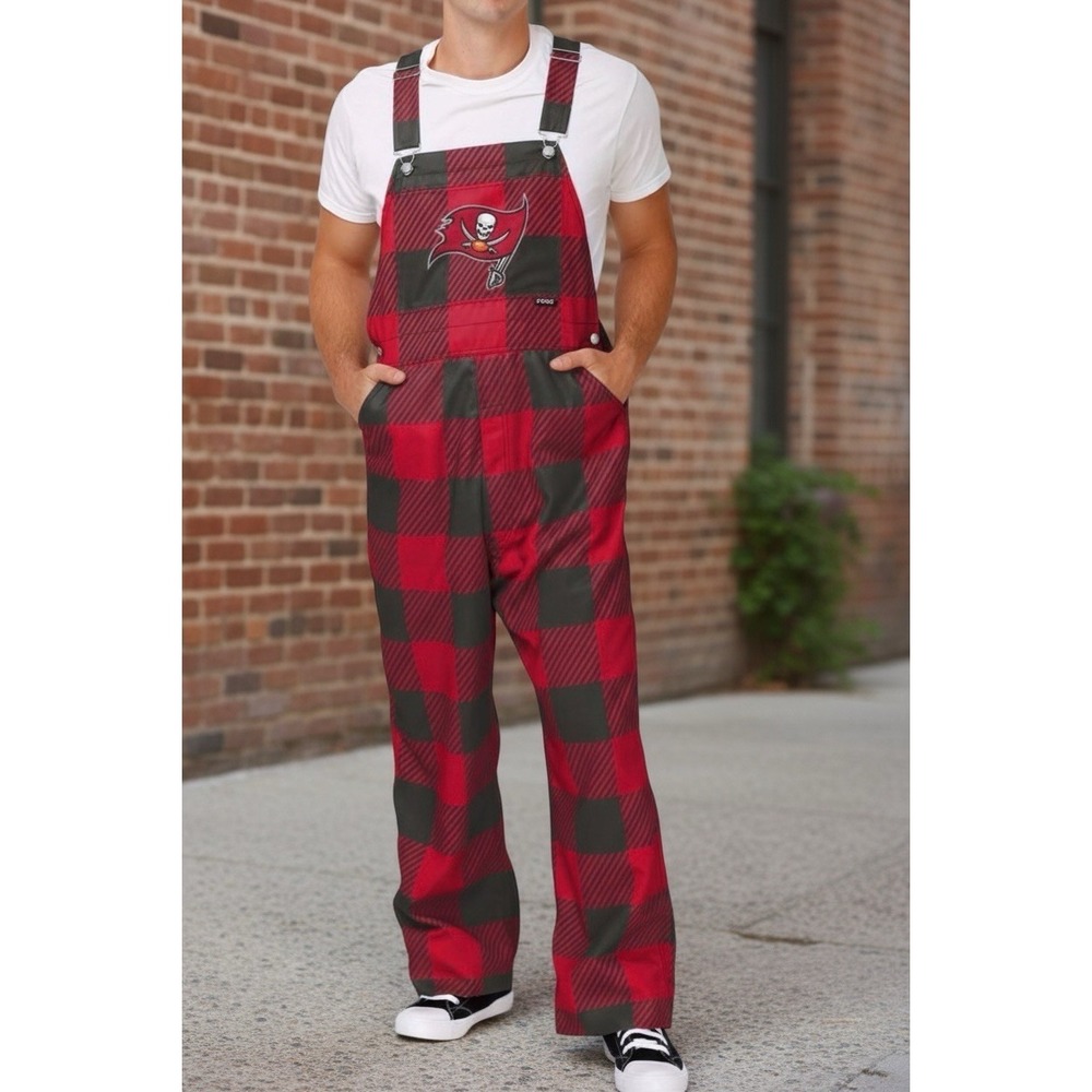 Men's FOCO Red‎ Tampa Bay Buccaneers Big Logo Plaid Overalls Sz 2XL Tailgating